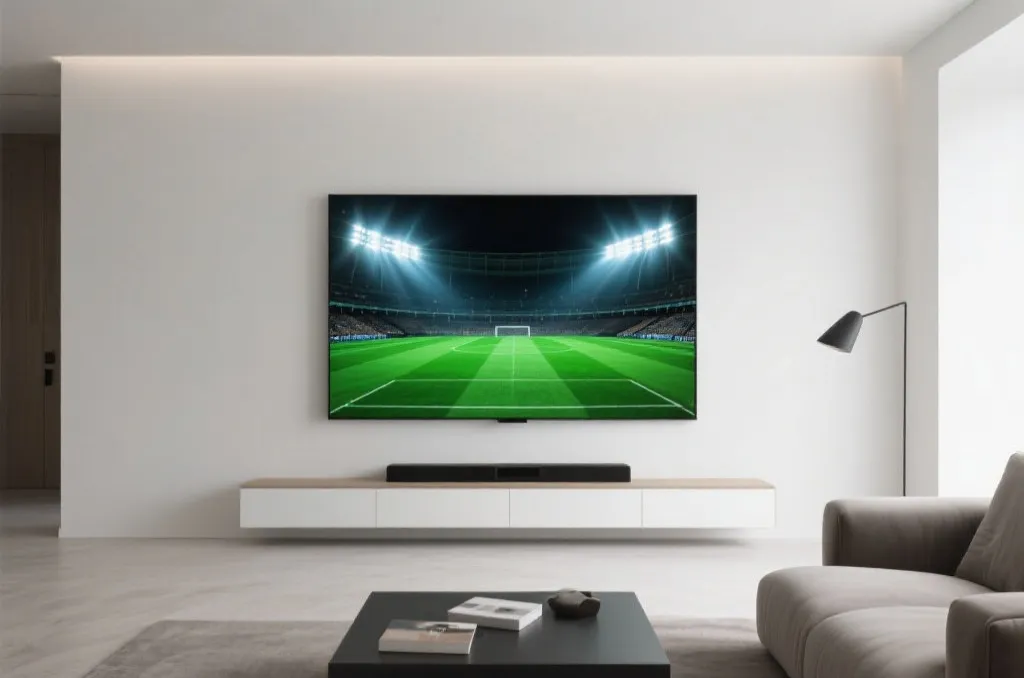 A modern living room with a large smart TV displaying a green soccer field under stadium lights